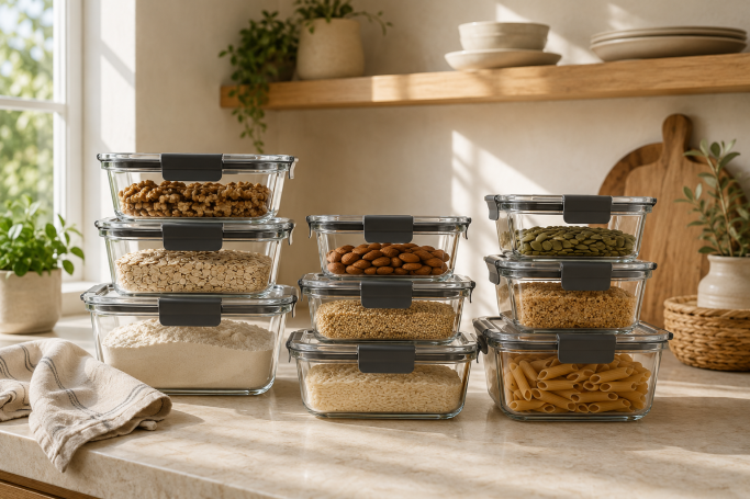 Glass Food Storage Containers Glass food storage containers with locking lids filled with pantry staples including oats, flour, rice, pasta, nuts, and seeds.
