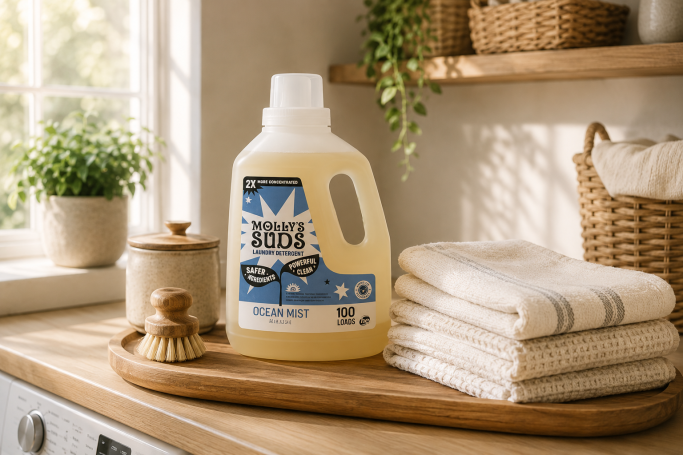 Unscented Laundry Detergent Molly's Suds liquid laundry detergent displayed on a wooden tray in a bright organic-modern laundry room beside folded linen towels, a woode