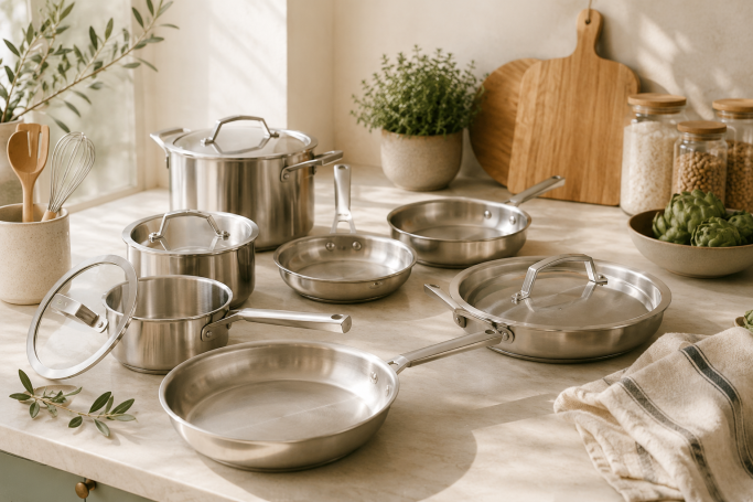 Stainless Steel Cookware Stainless steel pots and pans arranged on a bright kitchen countertop in a healthy home kitchen.