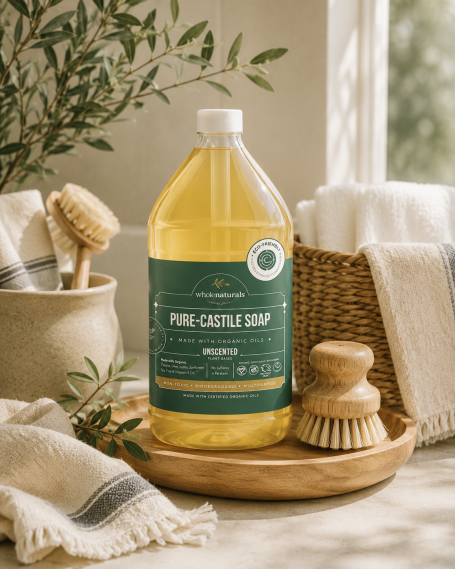 Castile Soap Bottle of pure castile soap displayed with natural cleaning accessories in a bright organic-modern home.