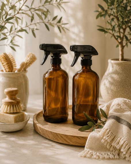 Reusable Glass Spray Bottles Reusable amber glass spray bottles on a wooden tray with natural cleaning brushes in a low-tox home setting.
